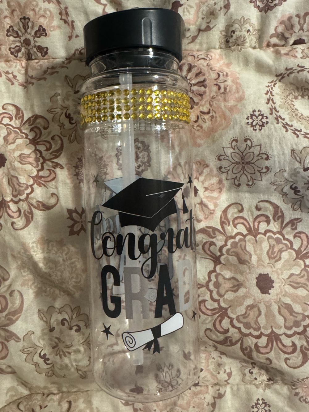 Source Unknown Clear Graduation Water Bottle with Black Cap and Gold Rhinestones